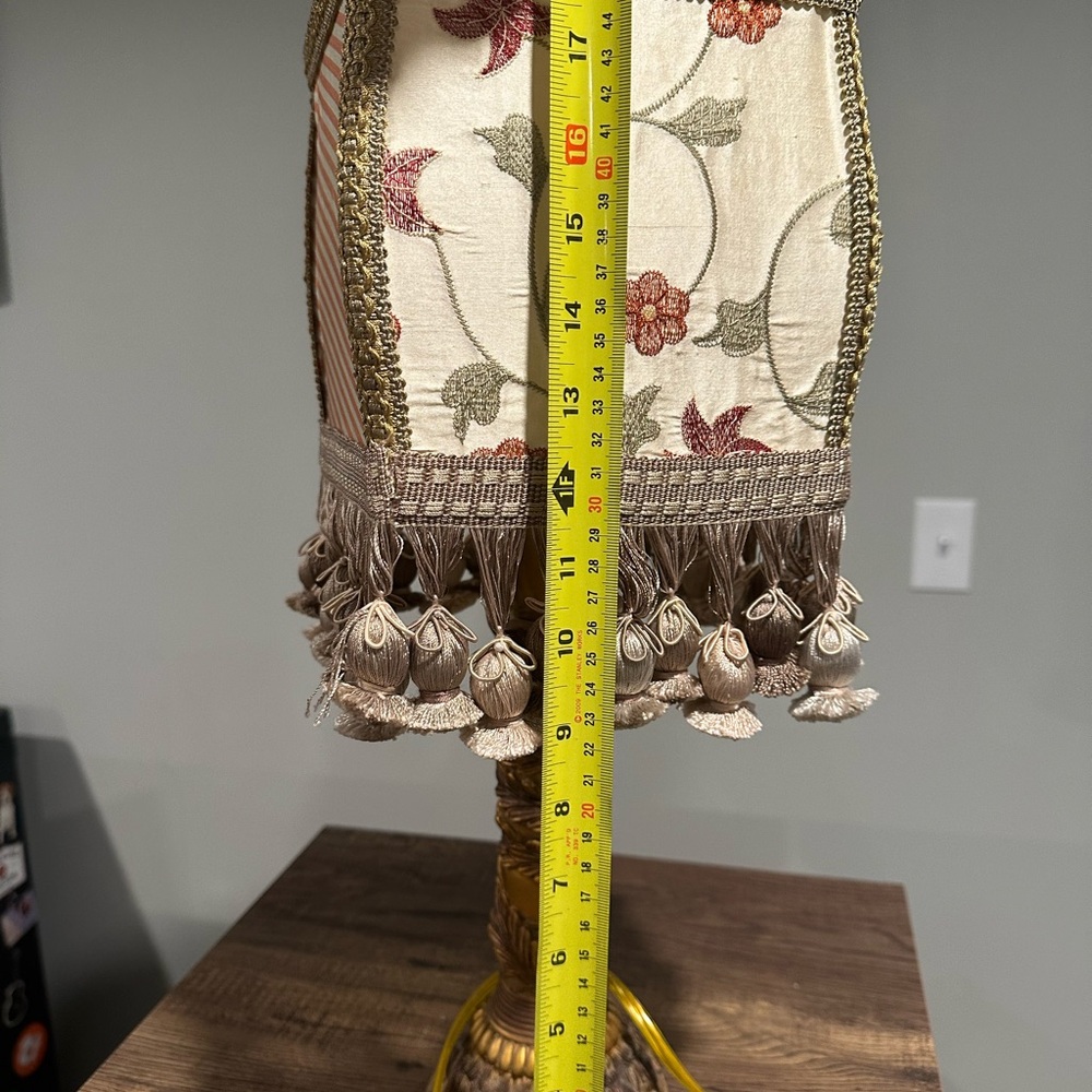 Vintage Shabby Chic Table Lamp, mixed fabric shade, tasseled, gold/brass base - Picture 6 of 6